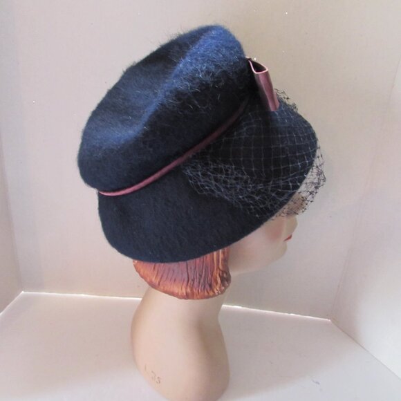 SALE  Vintage Hat  Bucket or Lampshade Style Navy Felt Burgundy Bow main image 7